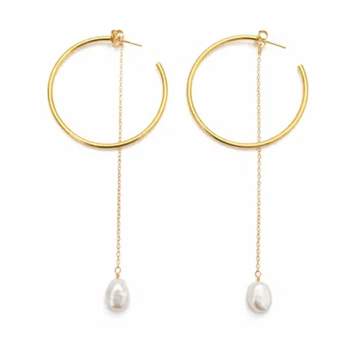 Pearl Code Women's Gold-plated Statement Hoop Earrings With Detachable Pearl Chain Drop