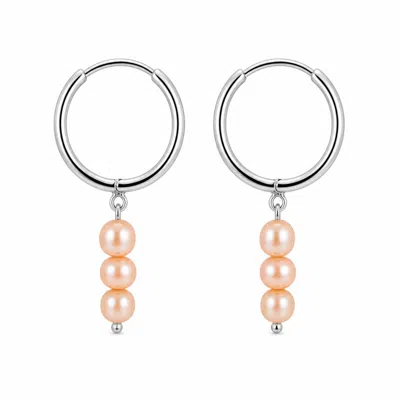 Pearl Code Women's Pink Peach Pearl Huggie Earrings – Small Silver Hoops