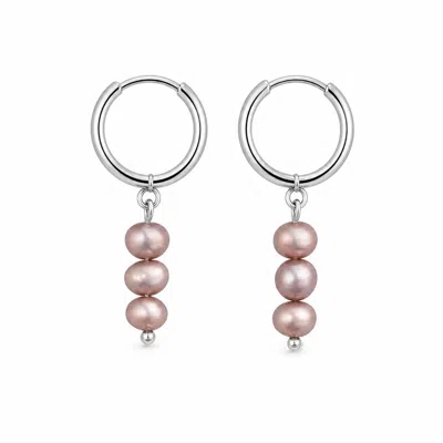 Pearl Code Women's Purple Pink Pearl Huggie Earrings – Small Silver Hoops In Metallic