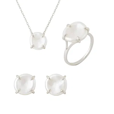 Pearl Code Women's Rozeta Sunrise White Keshi Pearl Earrings, Necklace And Ring Set