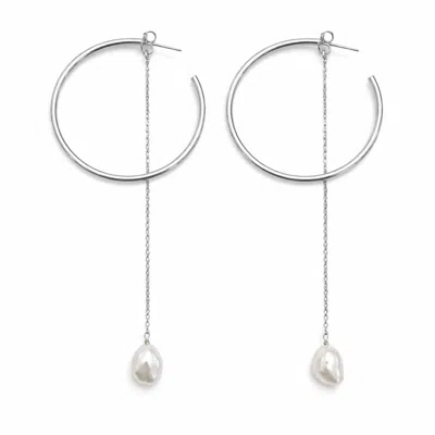 Pearl Code Women's Silver Statement Hoop Earrings With Detachable Pearl Chain Drop