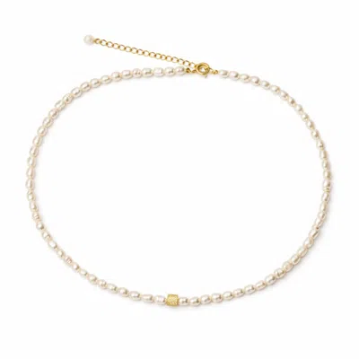 Pearl Code Women's White Choker Rice Pearls With Cube, Gold-plated Silver