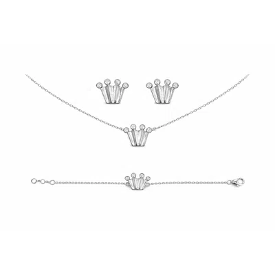 Pearl Code Women's White Diamond Crown Earrings, Necklace, Bracelet Set