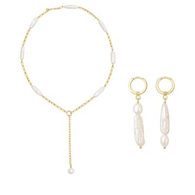 Pearl Code Women's White Gold Line Pearl Earrings And Necklace Set