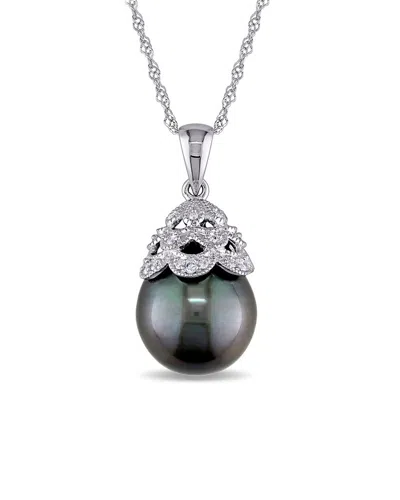 Pearls 10k 0.06 Ct. Tw. Diamond 10-10.5mm Pearl Filigree Pendant Necklace