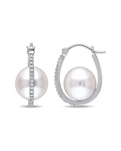 Pearls 10k 0.14 Ct. Tw. Diamond 9.5-10mm Pearl Hoops