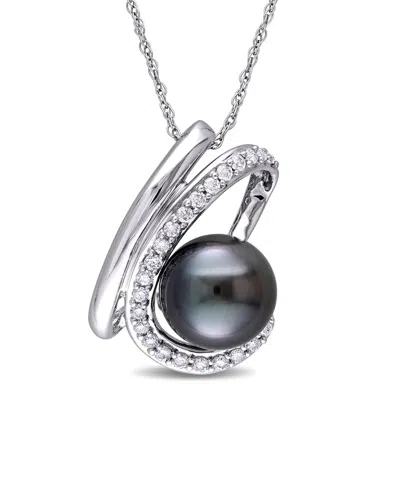 Pearls 10k 0.23 Ct. Tw. Diamond 9-9.5mm Pearl Pendant Necklace In Black