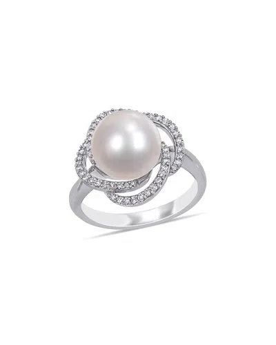 Pearls 14k 0.24 Ct. Tw. Diamond 10-10.5mm Pearl Swirl Ring In Silver