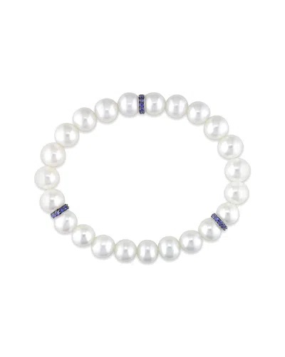 Pearls 14k 1.00 Ct. Tw. Sapphire & 10mm Freshwater Pearl Stretch Bracelet In White