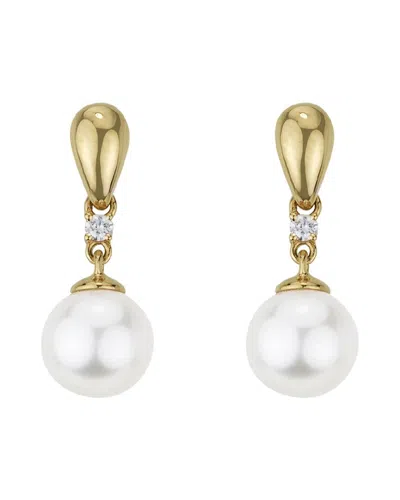 Pearls 14k Diamond 0.06 Ct. & 8mm Pearl Drop Earrings In Gold