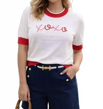 Pearls & Camo Xoxo Short Sleeve Sweater In White W/ Hot Pink