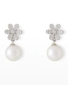 Pearls By Shari 18k White Gold Diamond Flower And 8.5mm Akoya Pearl Drop Earrings