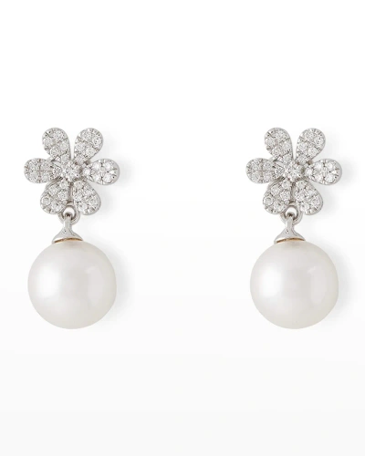 Pearls By Shari 18k White Gold Diamond Flower And 8.5mm Akoya Pearl Drop Earrings In Metallic