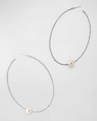Pearls By Shari 18k White Gold Large Akoya Pearl Hoop Earrings In Metallic