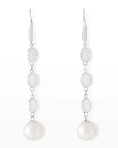 Pearls By Shari 18k White Gold Oval Moonstone And 8mm Akoya Pearl Drop Earrings In Metallic