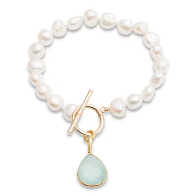 Pearls Of The Orient Online Women's Blue / White Clara White Irregular Cultured Freshwater Pearl Bracelet With An Aqua Chalcedon In Multi