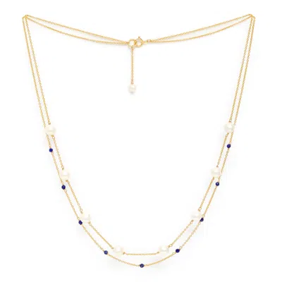 Pearls Of The Orient Online Women's Blue / White / Gold Credo Fine Double Chain Necklace With Cultured Freshwater Pearls & Lapis