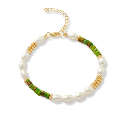 Pearls Of The Orient Online Women's Gold / Green / White Nova Oval Cultured Freshwater Pearls Bracelet With Green Jasper & Gold  In Multi