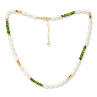 Pearls Of The Orient Online Women's Gold / Green / White Nova Oval Cultured Freshwater Pearls Necklace With Green Jasper & Gold  In Multi