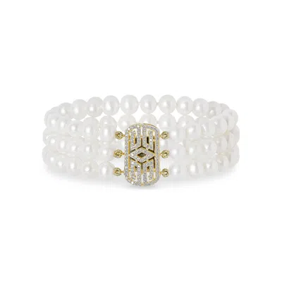 Pearls Of The Orient Online Women's Gold / White Stella Triple Strand Cultured Freshwater Pearl Bracelet With Art Deco Style Gol In Multi