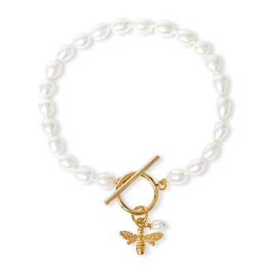 Pearls Of The Orient Online Women's Gold / White Vita Cultured Freshwater Pearl Bracelet With Gold Bumble Bee In Multi