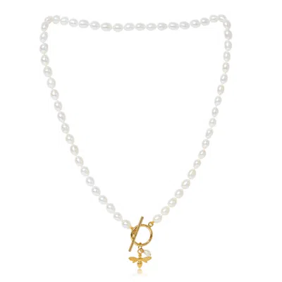 Pearls Of The Orient Online Women's Gold / White Vita Cultured Freshwater Pearl Necklace With Gold Bumble Bee In Multi