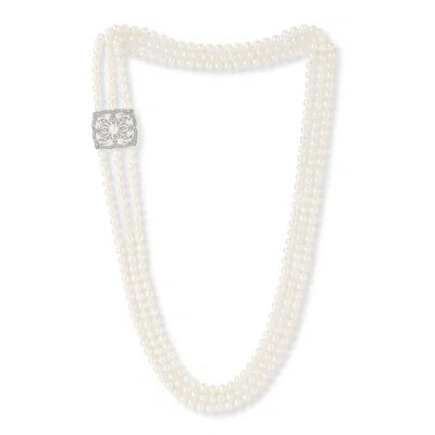Pearls Of The Orient Online Women's Gratia Triple Strand Cultured Freshwater Pearl Loop Necklace With Art Deco Style Feature / W In White