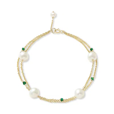 Pearls Of The Orient Online Women's Green / Gold Credo Fine Double Chain Bracelet With Cultured Freshwater Pearls & Emeralds