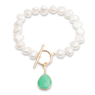 Pearls Of The Orient Online Women's Green / White Clara White Cultured Freshwater Pearl Bracelet With A Chrysophase Onyx Drop Pe In Multi