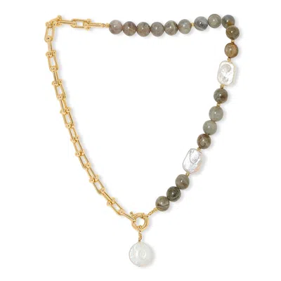 Pearls Of The Orient Online Women's Grey / Gold Clara Chunky Gold Chain & Labradorite Necklace With Cultured Freshwater Pearl Dr