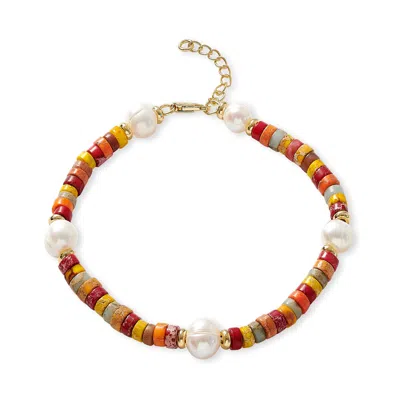 Pearls Of The Orient Online Women's Nova Oval Cultured Freshwater Pearl Bracelet With Orange Mix Jasper & Gold Beads