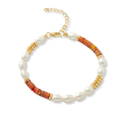Pearls Of The Orient Online Women's Orange / White / Gold Nova Oval Cultured Freshwater Pearls Bracelet With Orange Jasper & Gol