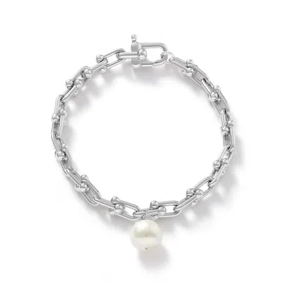 Pearls Of The Orient Online Women's Silver / White Decus Cultured Freshwater Pearl Drop On Chunky White Gold Fill Chain Bracelet In Multi