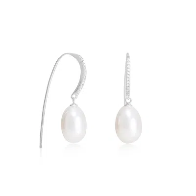 Pearls Of The Orient Online Women's Silver / White Stella Cultured Freshwater Pearl Drop Earrings On Long Pave Silver Hooks In Multi