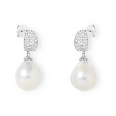 Pearls Of The Orient Online Women's Silver / White Stella Curved Pave Earrings With Baroque Cultured Freshwater Pearls In Multi
