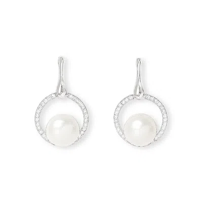 Pearls Of The Orient Online Women's Silver / White Stella Pave Halo Drop Earrings With Cultured Freshwater Pearls