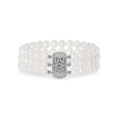 Pearls Of The Orient Online Women's Silver / White Stella Triple Strand Cultured Freshwater Pearl Bracelet With Art Deco Style P In Multi