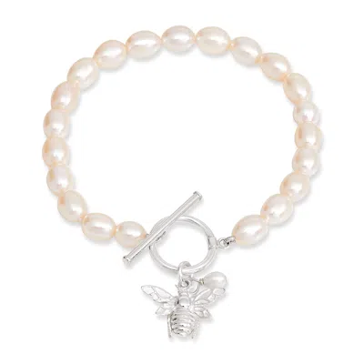 Pearls Of The Orient Online Women's Silver / White Vita Cultured Freshwater Pearls Bracelet With Silver Bumble Bee In Neutral