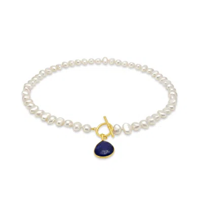 Pearls Of The Orient Online Women's White / Blue Clara Cultured Freshwater Pearls Necklace With Lapis Lazuli Gold Vermeil Drop In Multi