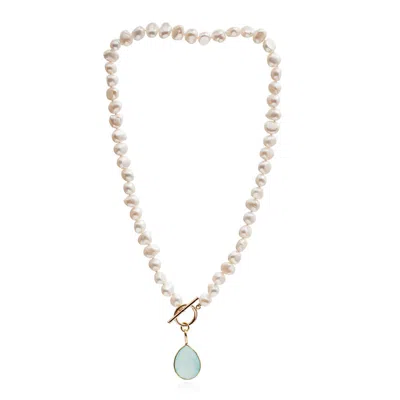 Pearls Of The Orient Online Women's White / Blue Clara Cultured Irregular Freshwater Pearl Necklace With Aqua Chalcedony Gold Ve In Multi