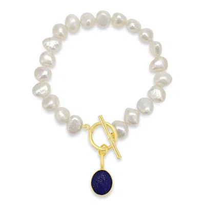 Pearls Of The Orient Online Women's White / Blue Clara White Irregular Cultured Freshwater Pearls Bracelet With A Lapis Lazuli D In Multi