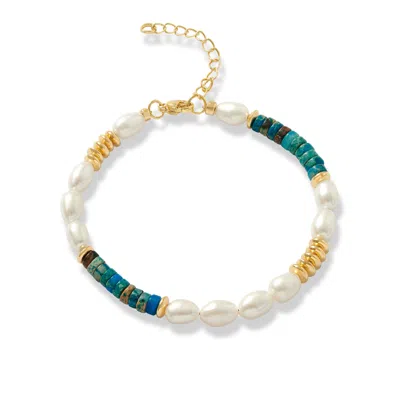 Pearls Of The Orient Online Women's White / Blue Nova Oval Cultured Freshwater Pearl Bracelet With Blue Jasper & Gold Beads In Multi