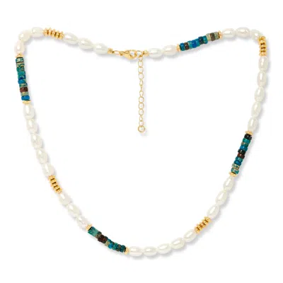 Pearls Of The Orient Online Women's White / Blue Nova Oval Cultured Freshwater Pearl Necklace With Blue Jasper & Gold Beads In Multi
