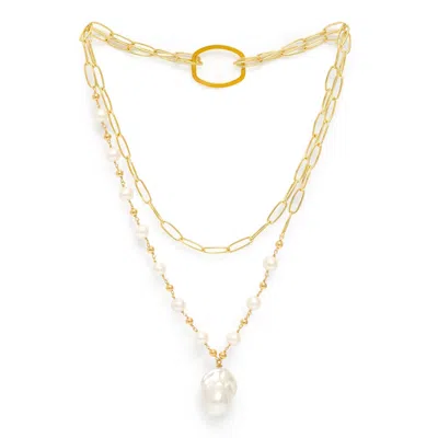 Pearls Of The Orient Online Women's White / Gold Decus Large Baroque Cultured Freshwater Pearl Drop On Long Gold Chain In Multi