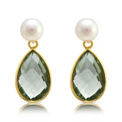 Pearls Of The Orient Online Women's White / Green Clara Cultured Freshwater Pearls & Green Amethyst Drop Earrings In Multi