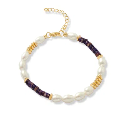 Pearls Of The Orient Online Women's White / Purple Nova Oval Cultured Freshwater Pearl Bracelet With Purple Jasper & Gold Beads In Multi