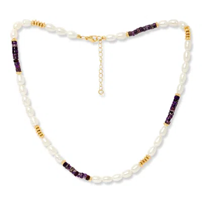 Pearls Of The Orient Online Women's White / Purple Nova Oval Cultured Freshwater Pearl Necklace With Purple Jasper & Gold Beads In Multi