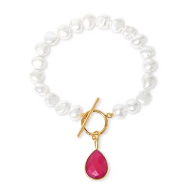 Pearls Of The Orient Online Women's White / Red Clara White Cultured Freshwater Pearl Bracelet With A Ruby Quartz Drop Pendant In Multi
