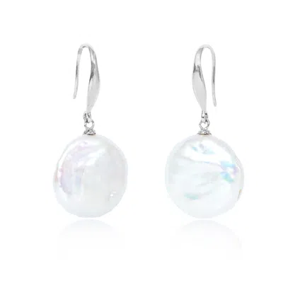 Pearls Of The Orient Online Women's White / Silver Credo Large Coin Cultured Freshwater Pearl Drop Earrings On Silver Hooks In Multi