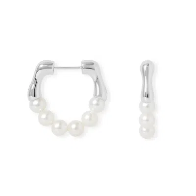 Pearls Of The Orient Online Women's White / Silver Credo Sterling Silver Bamboo Hoops With Cultured Freshwater Pearls In Metallic